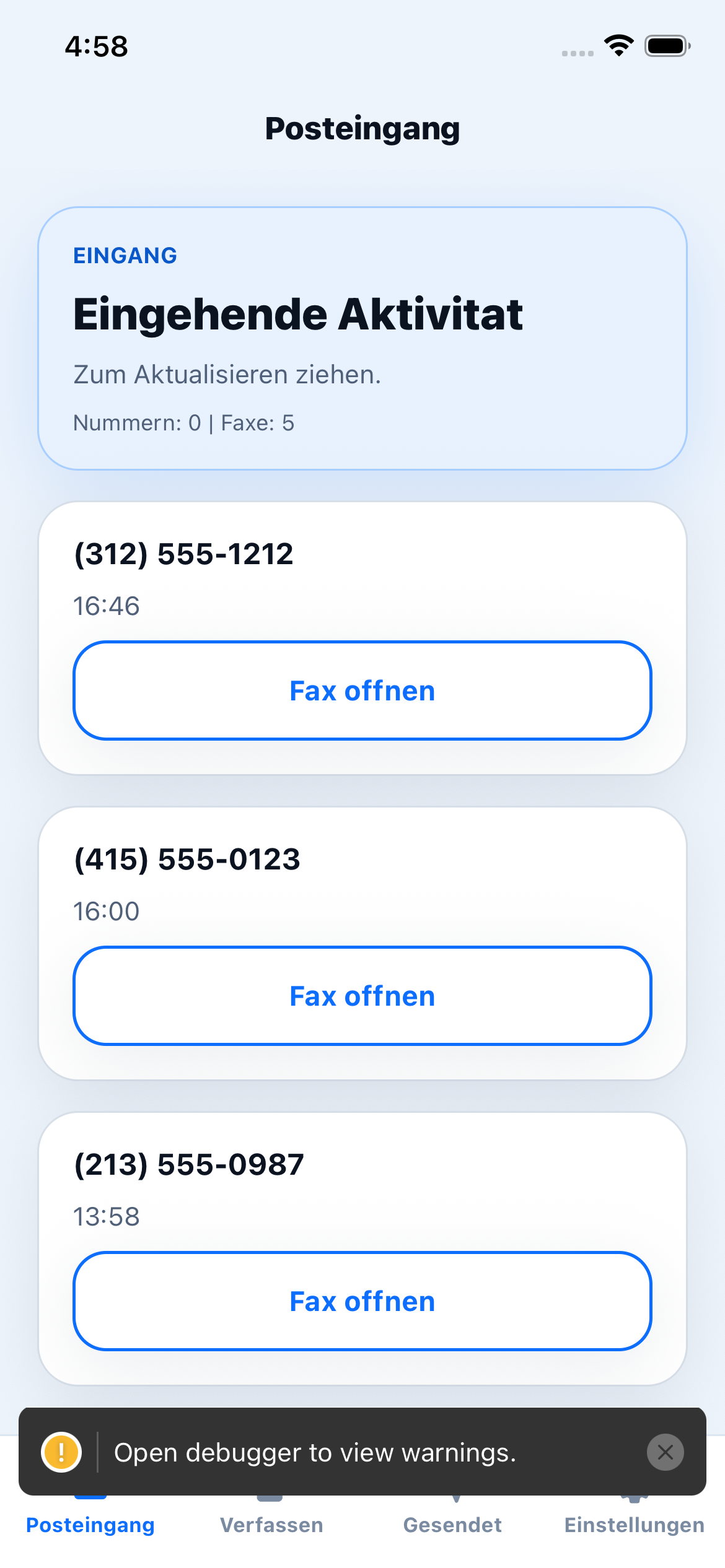 Fax Drop inbox screen
