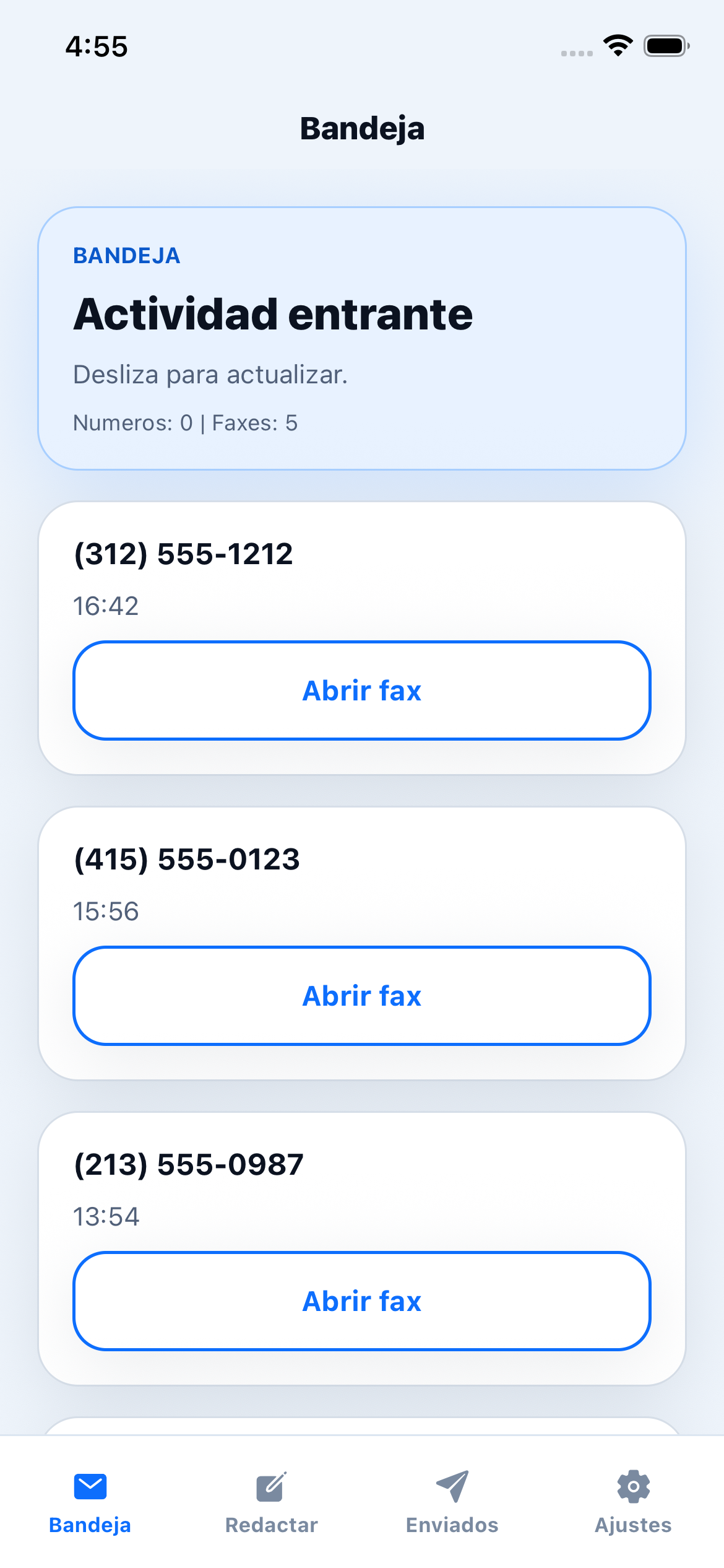 Fax Drop inbox screen