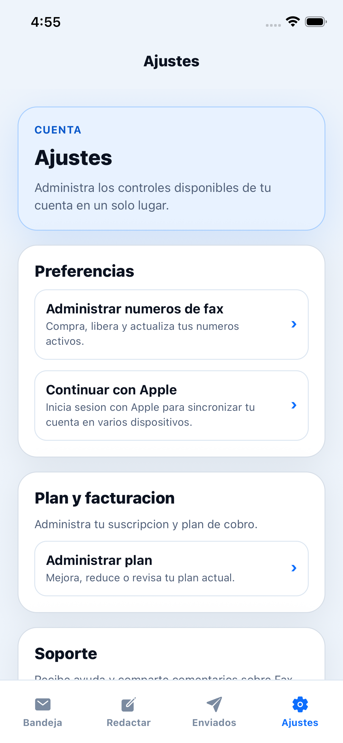 Captura de pantalla de configuración