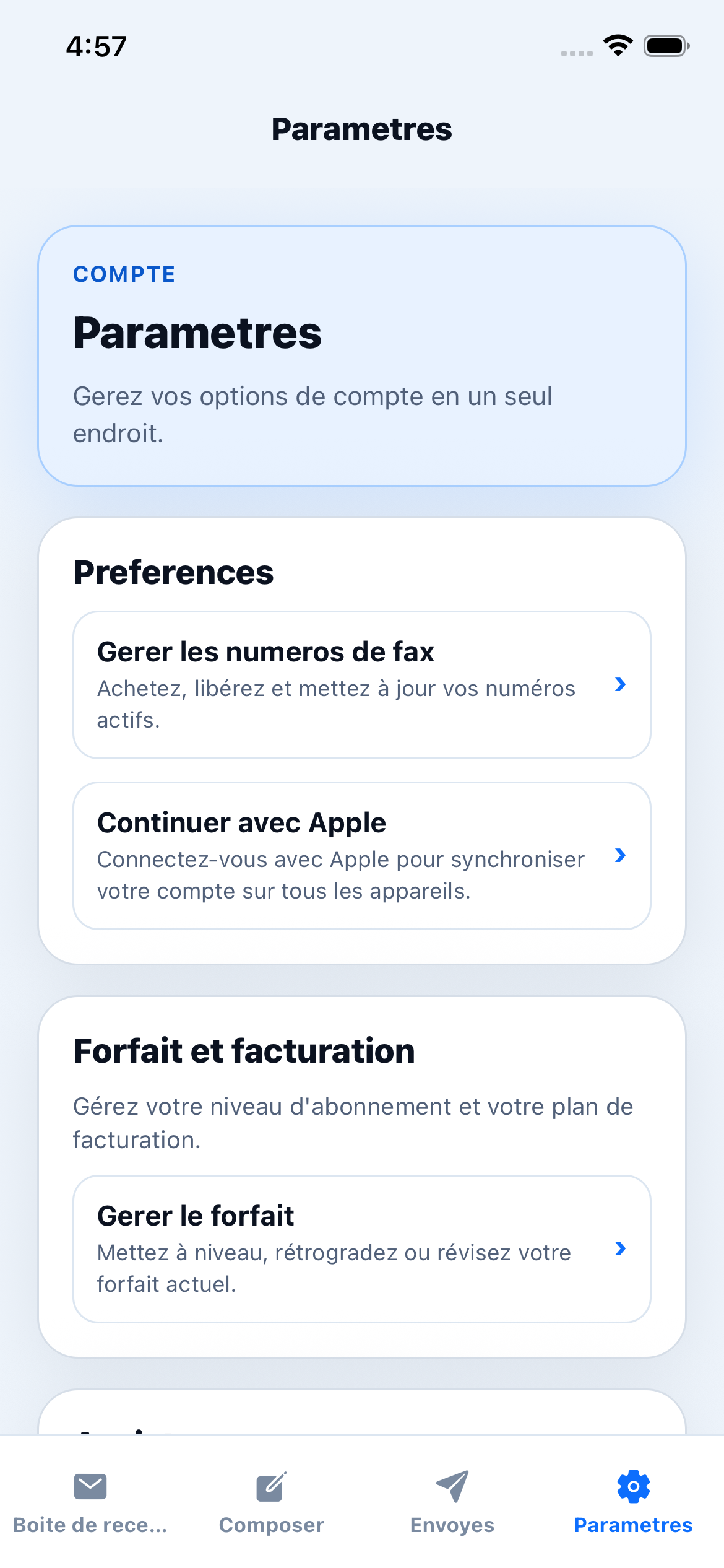 Capture d'écran des paramètres