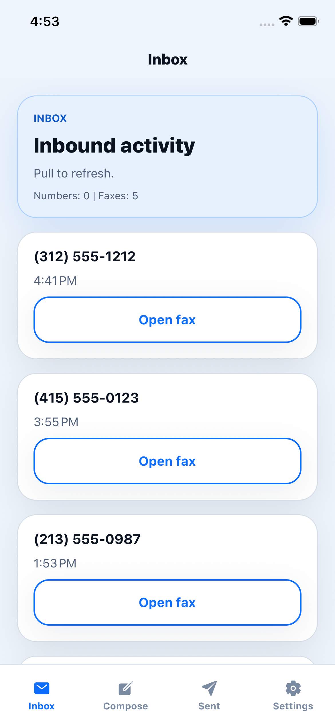 Fax Drop inbox screen